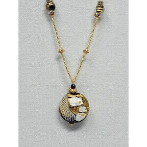 Vintage Art Glass Pendant Necklace Blue Black Gold Foil Handmade Lampwork Beads